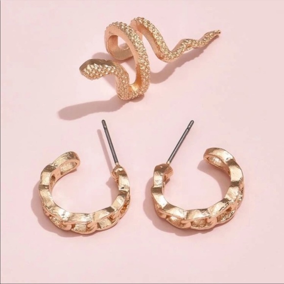 3 PIECE CHAIN LINK HOOP EARRINGS WITH SNAKE CUFF - Picture 2 of 5